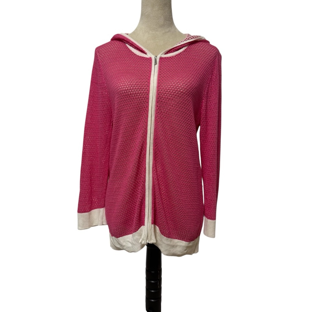 Christopher & Banks Hot Pink Open Knit Mesh Hoodie 100% Cotton Large